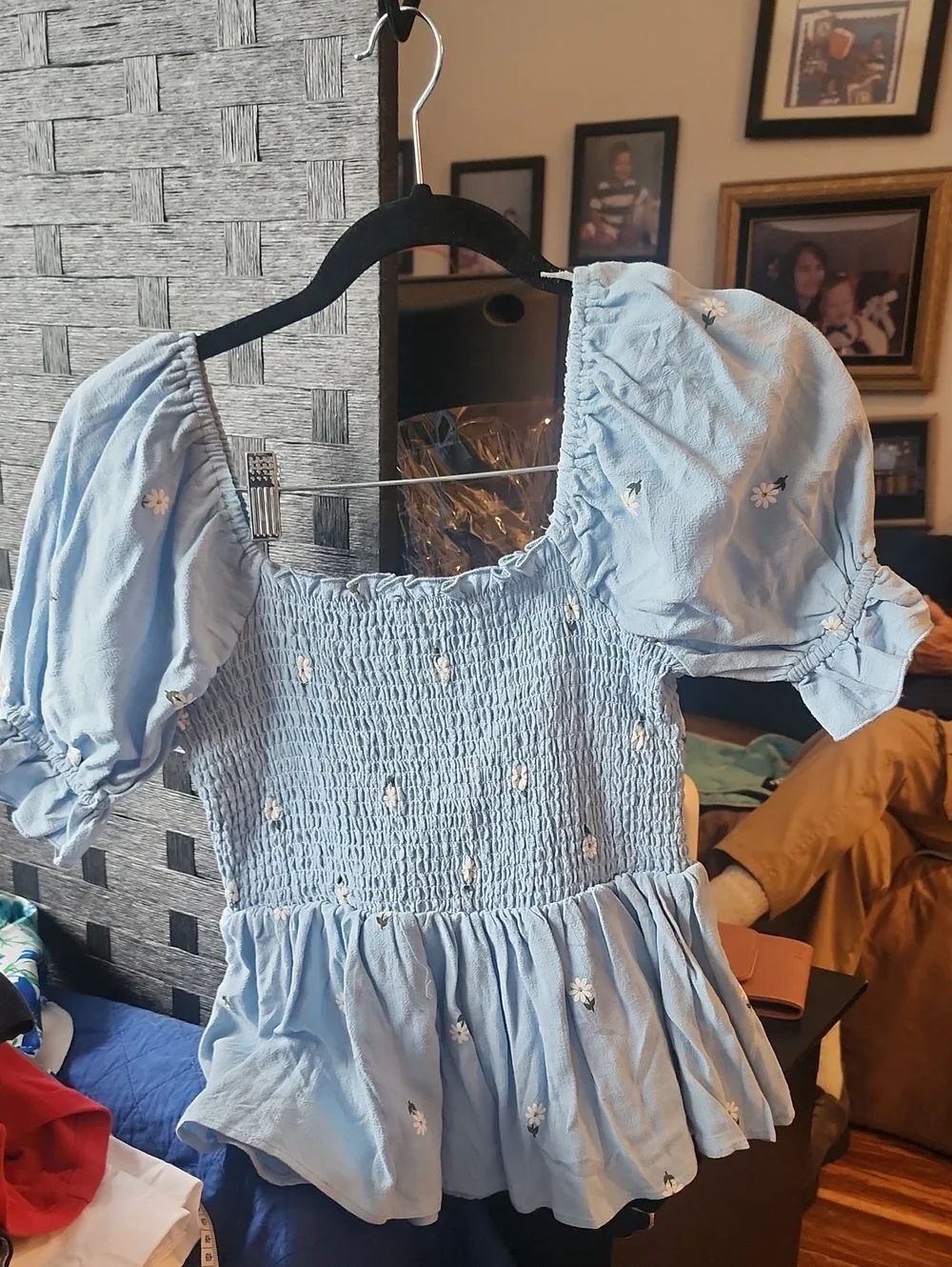 Light Blue Puff Sleeve Smocked Top with Daisy Embroidery - Picture 2 of 6